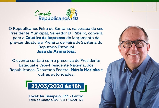 Arimateia lança pré-candidatura pelo Republicanos em evento oficial dia 23/3