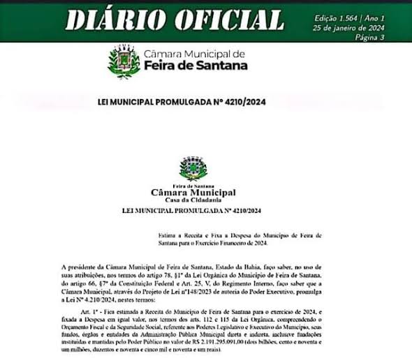 Câmara promulga Orçamento de Feira de Santana; publicada no Diário Oficial, lei já está em vigor
