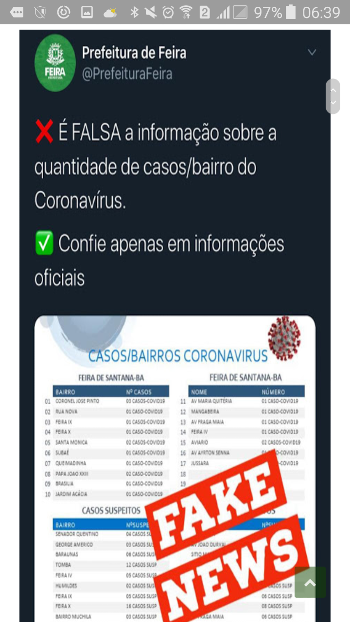 Lista de bairros onde moram infectados por coronavírus em Feira é fake news, denuncia prefeitura