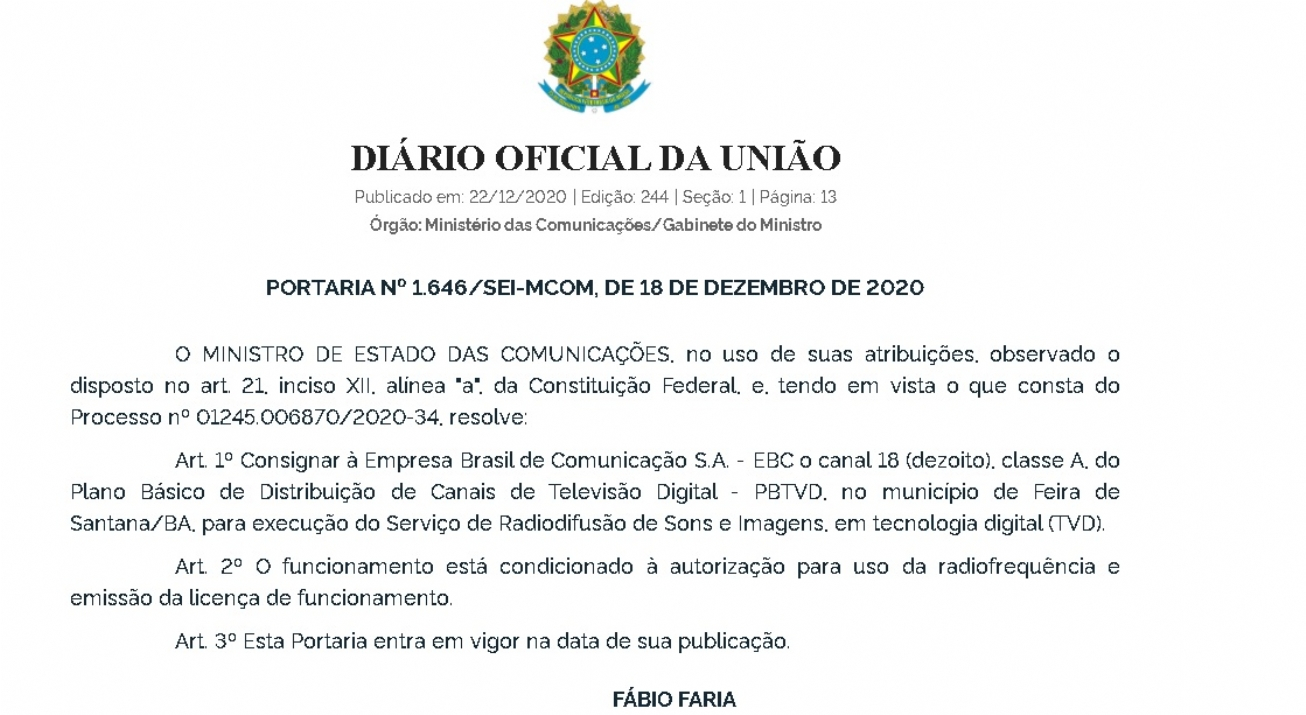 FEIRA DE SANTANA: Ministério das Comunicações autoriza mais um canal de TV 