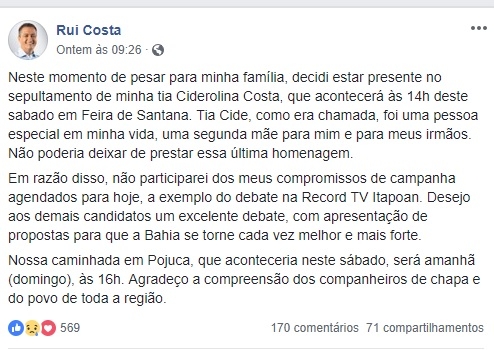 Rui cancela agenda de campanha e vai para enterro da tia-mãe em Feira de Santana