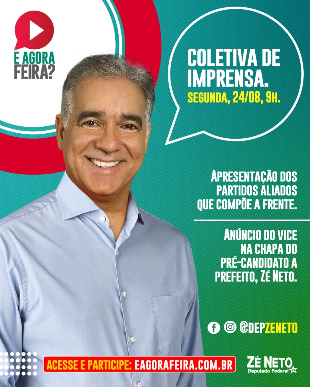 Vice na chapa de Zé Neto à Prefeitura de Feira será anunciado nesta segunda (24)